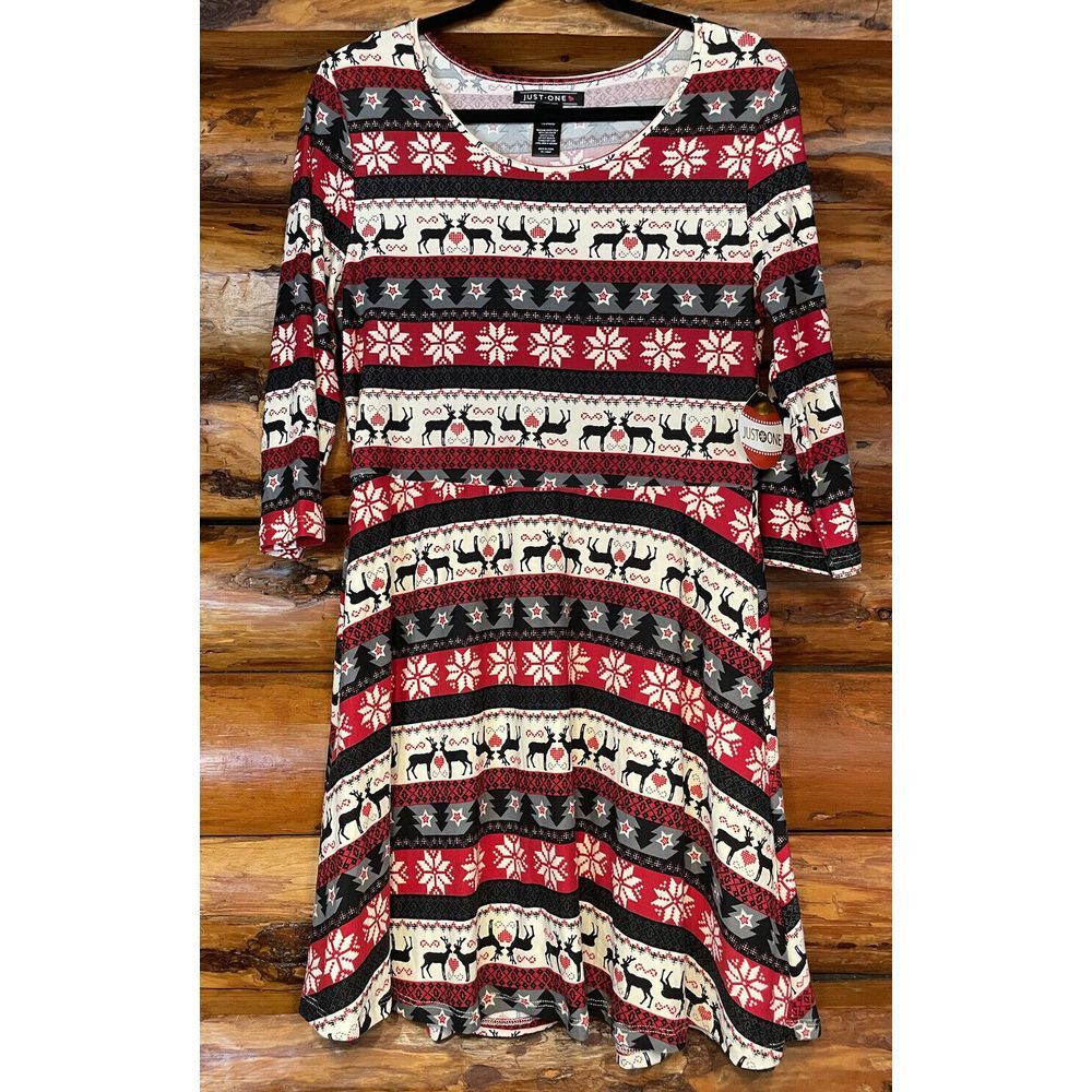 Christmas Reindeer & Snowflakes Dress by Just‎ One Women's Size Large